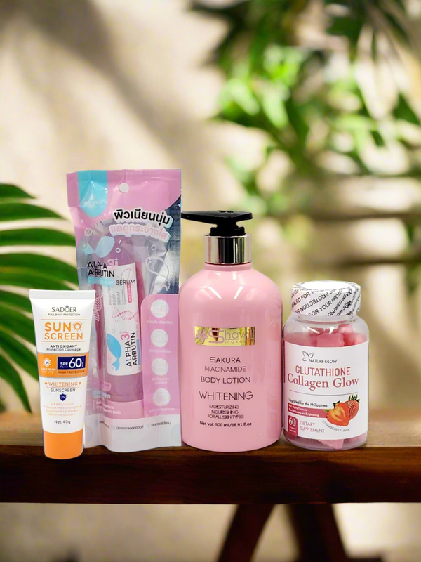 Skin care combo,,,,,Samira niacinamide body lotion/Gluts Thi one collagen glow/Alpha Arbutin/sadoer sun screen