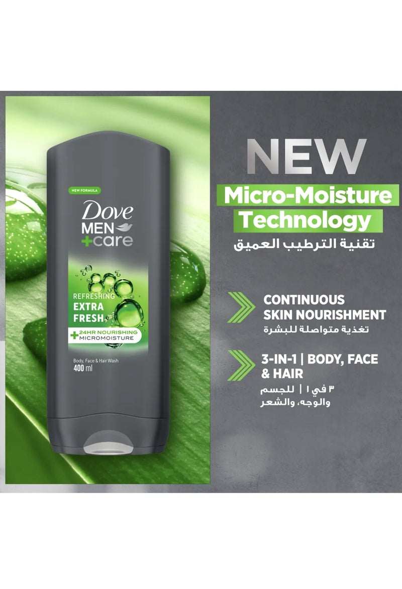Dove Men+Care Refreshing Cleanser, Extra Fresh, 3in1, for Clean Face, Body and Hair, with 24H Nourishing Micromoisture Technology, 250ml